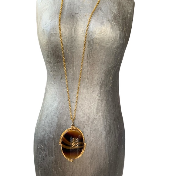 Vintage SARAH COVENTRY Glass Tigers Eye Oval Gold Plated Necklace Jewelry - Picture 5 of 7